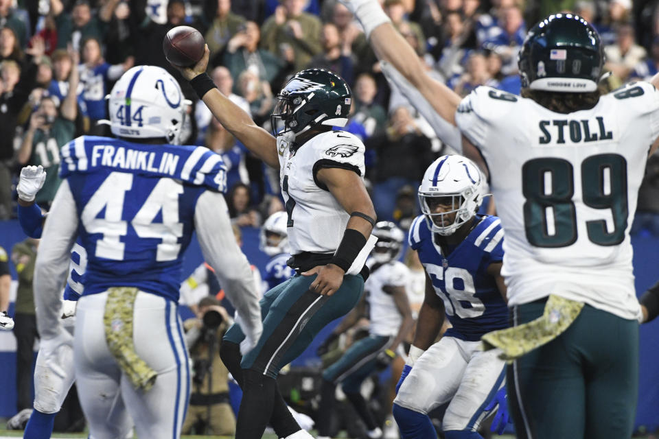 INDIANAPOLIS, IN - NOVEMBER 20: Philadelphia Eagles Quarterback Jalen Hurts (1) reacts as he steps into the end zone for the game tying touchdown during the NFL football game between the Philadelphia Eagles and the Indianapolis Colts on November 20, 2022, at Lucas Oil Stadium in Indianapolis, Indiana. (Photo by Michael Allio/Icon Sportswire via Getty Images)