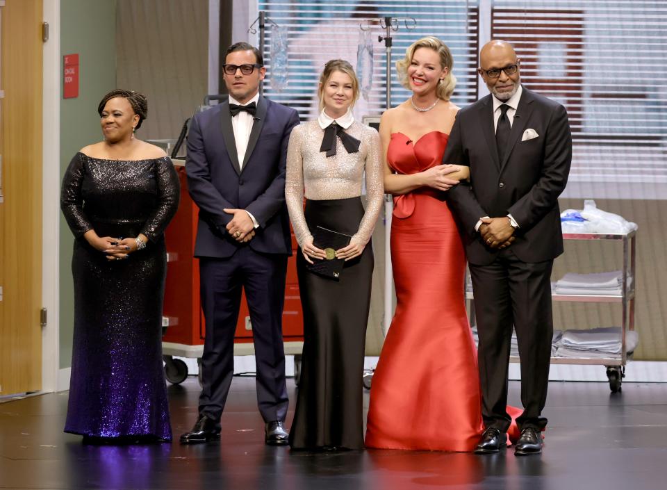 Chandra Wilson, Justin Chambers, Ellen Pompeo, Katherine Heigl, and James Pickens during the 75th Primetime Emmy Awards. Says new showrunner and veteran writer Meg Marinis: “I just felt gratitude seeing those five actors…[who] helped build the beginning foundations of the show, and that people were still so excited to see them. They're so iconic.”