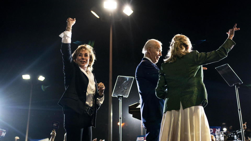 Valerie Biden Owens stands with Vice President Joe Biden and Jill Biden during a Super Tuesday election night party at Baldwin Hills Recreation Center in Los Angeles, March 3, 2020. / Credit: Melina Mara/The Washington Post via Getty Images