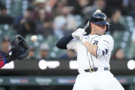 Detroit Tigers's Spencer Torkelson backs up on an inside pitch during the fourth inning of a baseball game against the Texas Rangers, Monday, April 15, 2024, in Detroit. (AP Photo/Carlos Osorio)