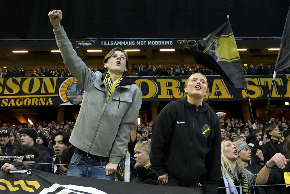 Image taken from video shows AIK fans celebrate after their team scored the first goal during the AIK against Värnamo Allsvenskan soccer match at the Friends Arena in Stockholm in Stockholm on April 24, 2024.Swedish soccer has adopted an isolationist stance in eschewing technology to retain a pure version of the beautiful game. Sweden is the only one of Europe's top-30 ranked leagues yet to have rolled out VAR in its domestic competitions. (AP Photo/Chisato Tanaka)