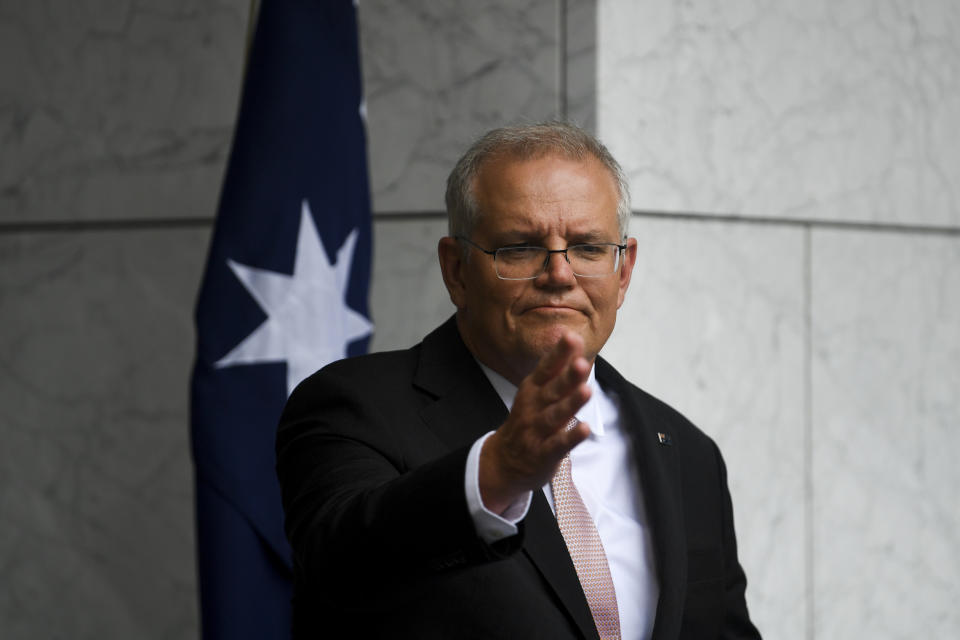 Australian Prime Minister Scott Morrison speaks to the media during a press conference.