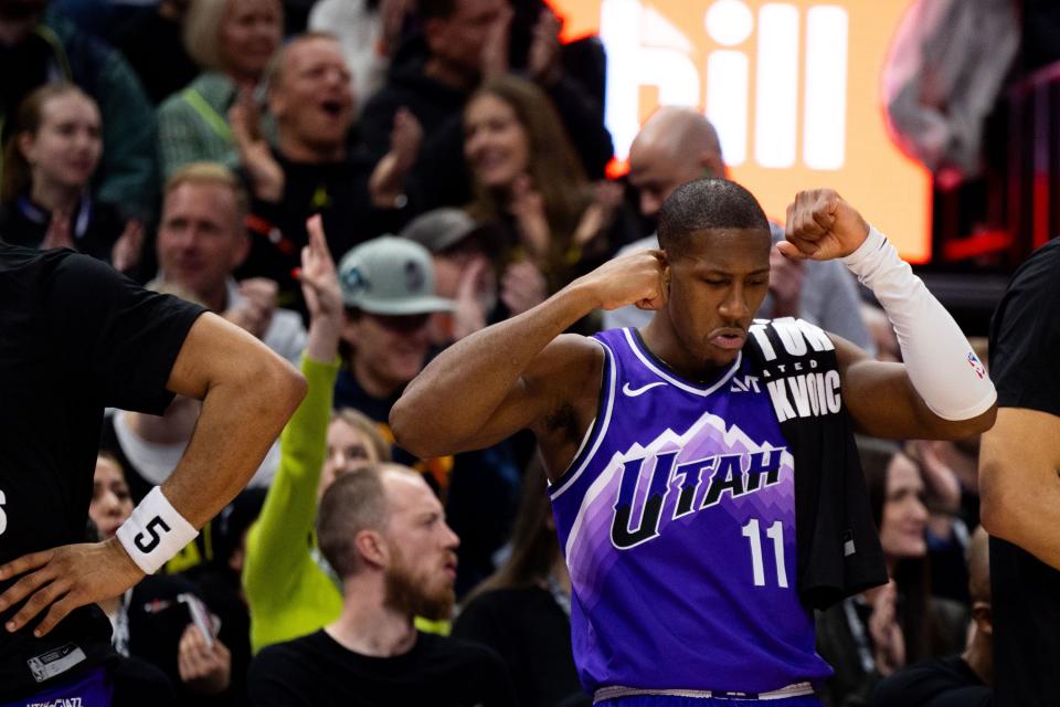 Utah Jazz guard Kris Dunn (11) cheers from the bench during an NBA basketball game between the Utah Jazz and the Oklahoma City Thunder at the Delta Center in Salt Lake City on Tuesday, Feb. 6, 2024. | Megan Nielsen, Deseret News