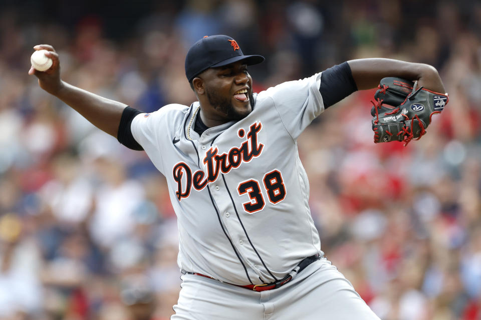 Detroit Tigers starting pitcher Michael Pineda throws against the Cleveland Guardians during the first inning of a baseball game Saturday, July 16, 2022, in Cleveland. (AP Photo/Ron Schwane)