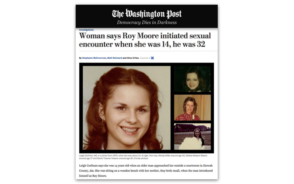 Screengrab of undated family photos of Leigh Corfman, left, at age 14 in 1979. At right, from top, Wendy Miller around age 16, Debbie Wesson Gibson at about age 17, and Gloria Thacker Deason around age 18. (Family photos via Washington Post)