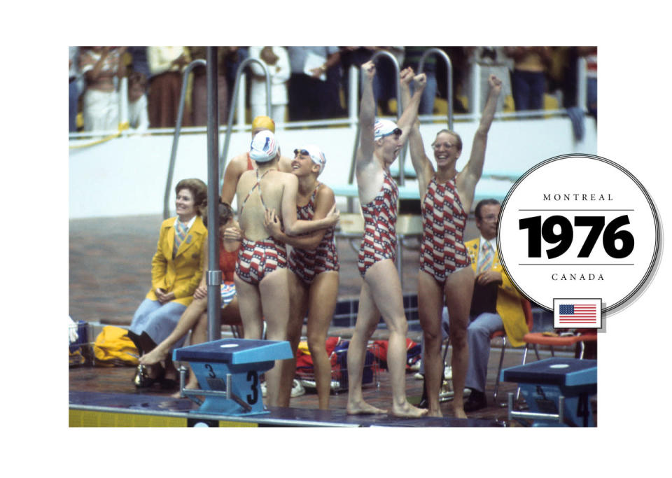 In the 1976 Montreal Games, Team USA showed off their backs with crisscrossing straps called “crab back,” “x,” or “racerback.” This was also the first year goggles could be worn at the Olympics.