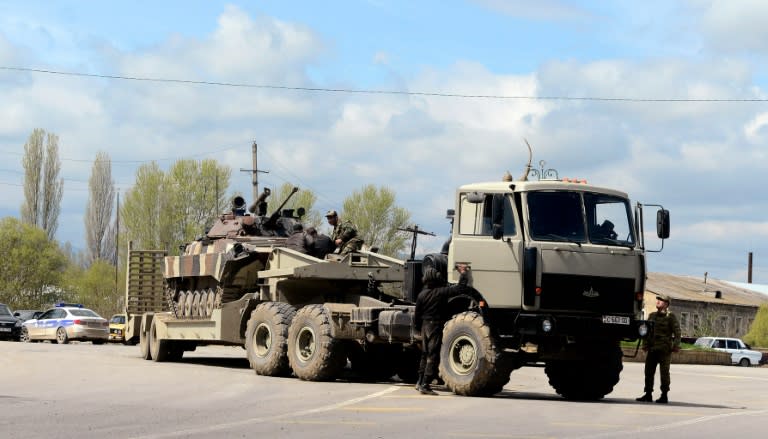 An Azeri military armoured personnel carrier (APC) on the platform of a truck pictured in the town of Terter, Azerbaijan, on April 4, 2016