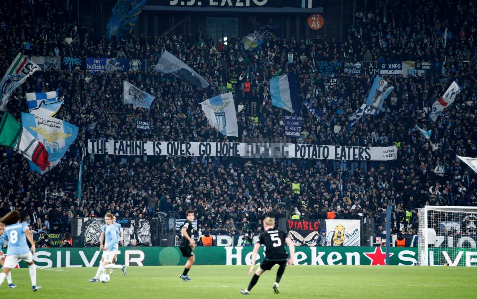 Lazio fans display a sectarian banner during their Champions League game against Celtic