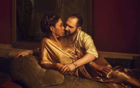 As Antony, with Cleopatra (Sophie Okonedo), on stage at the National Theatre - Credit: Handout