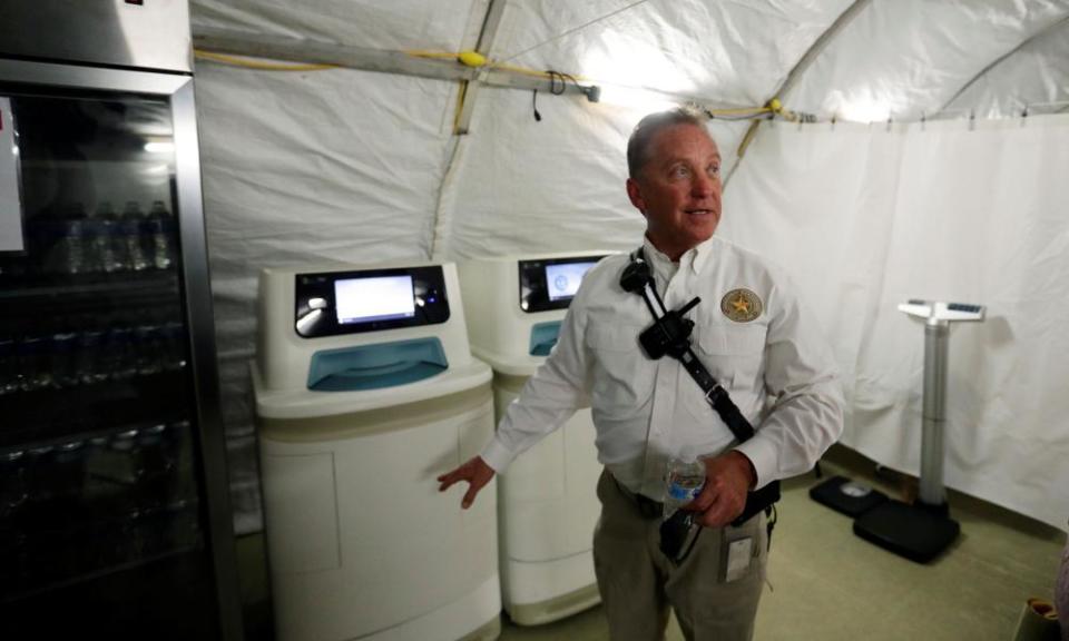 BCFS’s CEO, Kevin Dinnin, talks about medical equipment at the Carrizo Springs holding center.