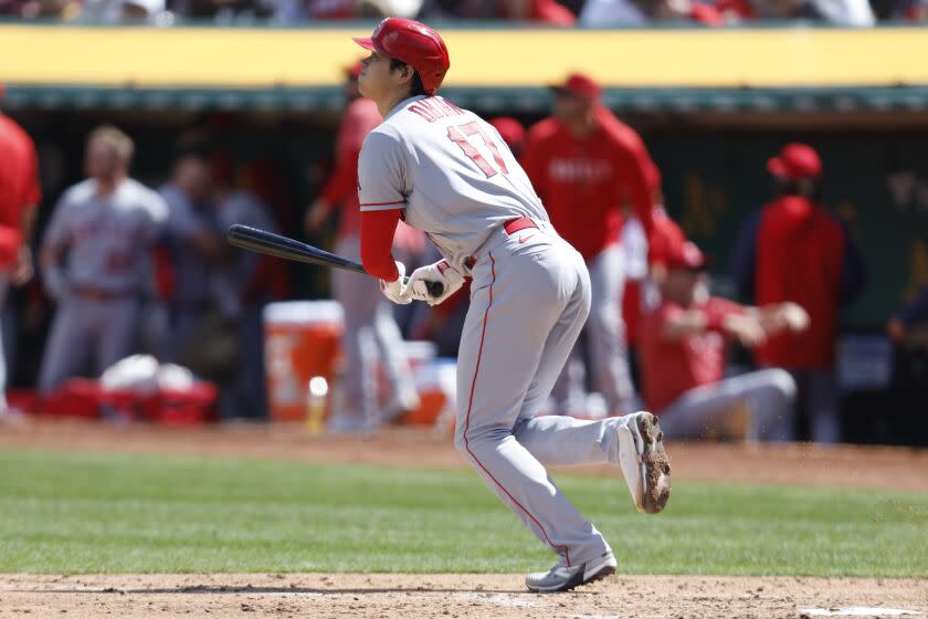 Los Angeles Angels designated hitter Shohei Ohtani (17) watches his home run during the fifth inning.