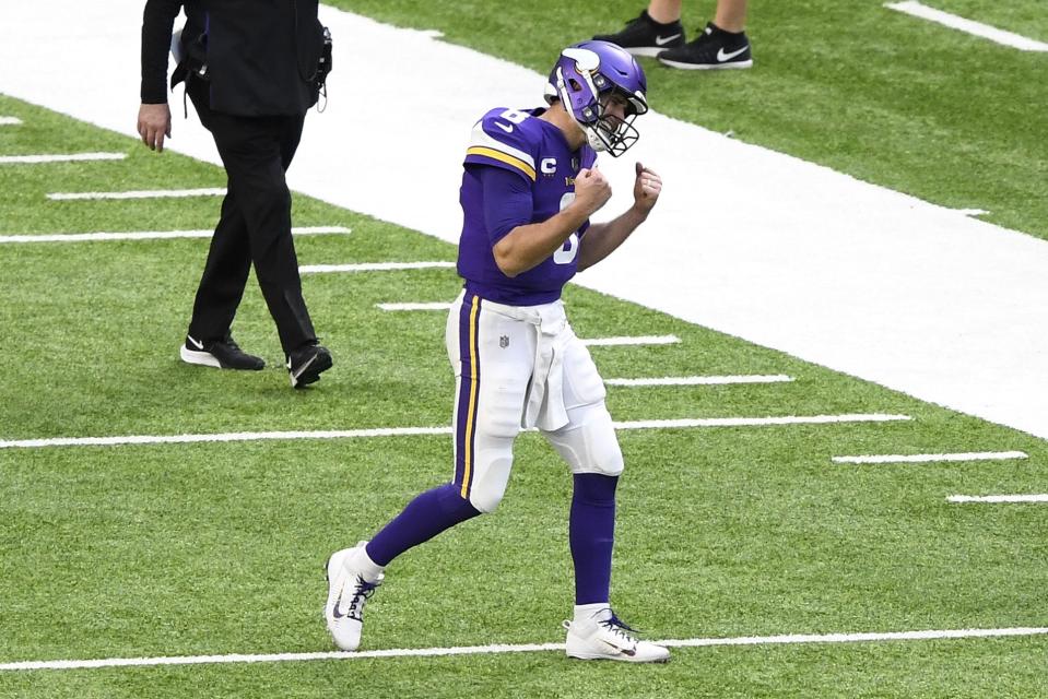 MINNEAPOLIS, MINNESOTA - DECEMBER 20: Kirk Cousins #8 of the Minnesota Vikings reacts during the third quarter against the Chicago Bears at U.S. Bank Stadium on December 20, 2020 in Minneapolis, Minnesota. (Photo by Hannah Foslien/Getty Images)