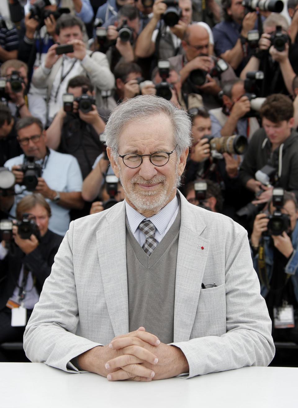 Jury president Steven Spielberg poses for photographers during a photo call for the jury at the 66th international film festival, in Cannes, southern France, Wednesday, May 15, 2013. (AP Photo/Francois Mori)