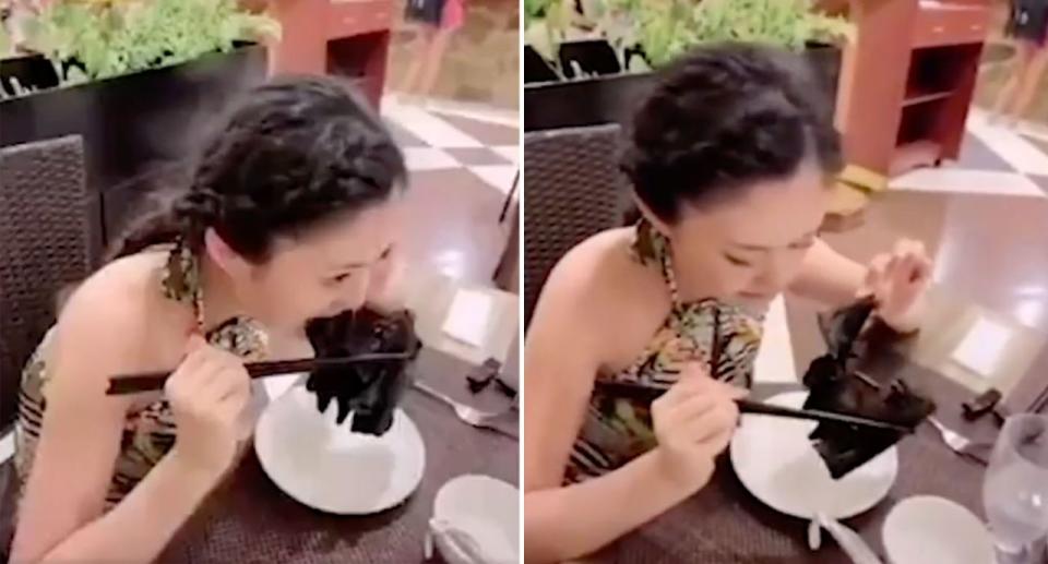 Una mujer comiendo un murciélago en lo que se cree que es un restaurante en Wuhan. Fuente: Douyin