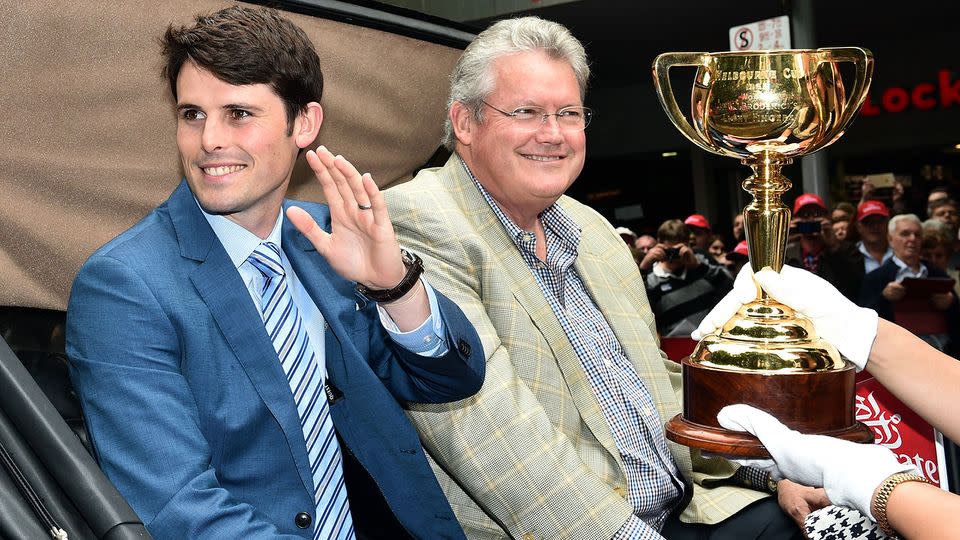 Anthony Cummings (right) and his son, James (left), will have runners at Flemington tomorrow.<p>Photo: AAP