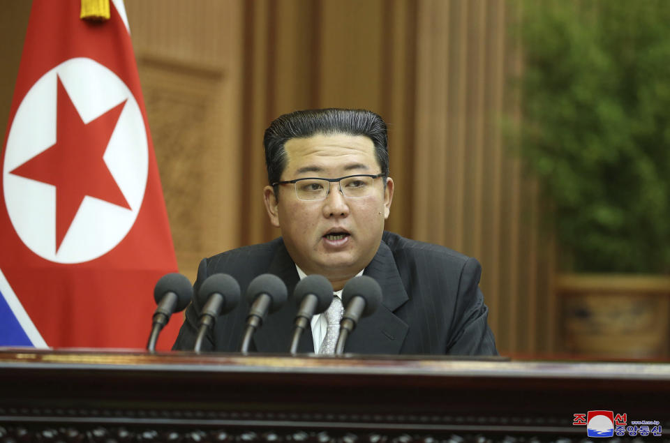 In this photo provided by the North Korean government, North Korean leader Kim Jong Un speaks during a parliament meeting in Pyongyang, North Korea Wednesday, Sept. 29, 2021. Independent journalists were not given access to cover the event depicted in this image distributed by the North Korean government. The content of this image is as provided and cannot be independently verified. (Korean Central News Agency/Korea News Service via AP)