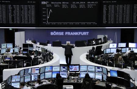 The curve of the German share price index DAX board is pictured at the Frankfurt stock exchange April 22, 2014. REUTERS/Remote/Stringer