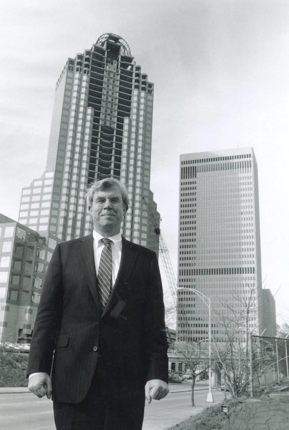 Although known for his hard-charging ways, Ed Crutchfield once said an admonishment from his mother, Katherine, encouraged him to develop a warm workplace for his thousands of employees at First Union. He’s seen here in a 1998 file photo in front of the bank’s new building.
