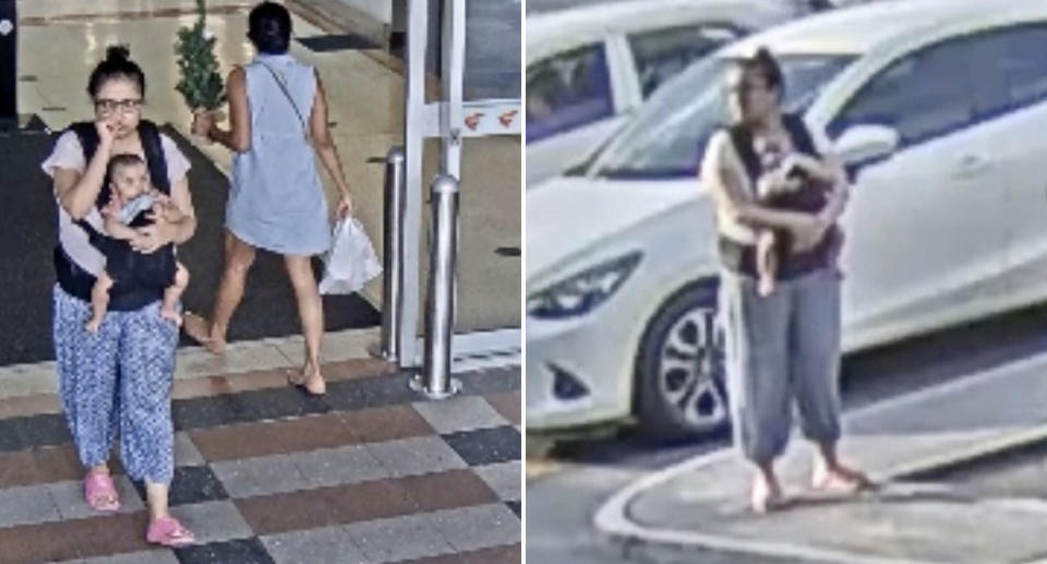 A woman seen carrying a baby at a Buranda shopping centre.