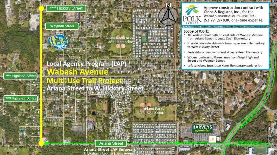 A county presentation shows the plan to add a path along Wabash Avenue in west Lakeland. A 10-foot asphalt path would run from Ariana Street to Jessee Keen Elementary. A 5-foot concrete path would run from the school to Hickory Street in the north.