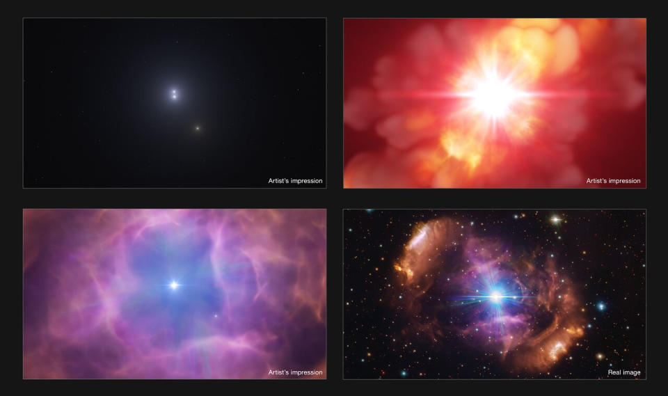 An artist's impression of the stages of stellar mergers, from close orbit (top left), to collision (top right), material ejection (bottom left), to the bipolar nebula and binary star system we see today (bottom right).