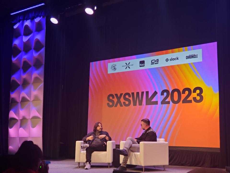 Experts discussed deextinction, or bringing extinct species back at South by Southwest. Ben Lamm, left, cofounded Texas-based deexinction company Colossal and discussed the company and its efforts to bring back woolly mammoths and other animals with Tech Crunch managing editor Darrell Etherington, right.