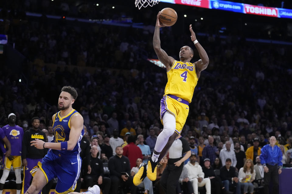 Los Angeles Lakers guard Lonnie Walker IV shoots as Golden State Warriors guard Klay Thompson defends during the second half of Game 4 of their Western Conference semifinal series on May 8, 2023, in Los Angeles. (AP Photo/Marcio Jose Sanchez)