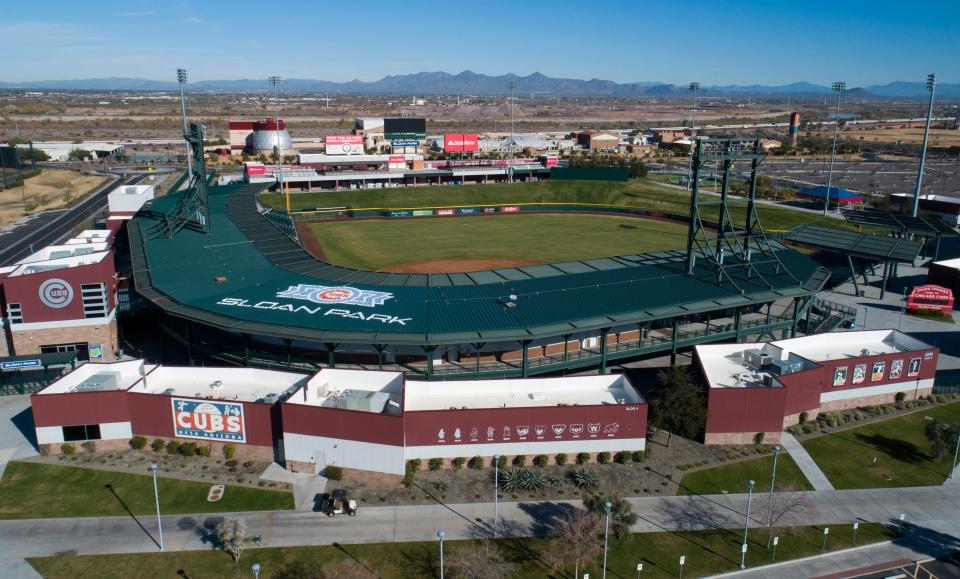 Aerial drone view of in Sloan Park, Cactus League home of the Chicago Cubs, in Mesa, Arizona January 8, 2019.