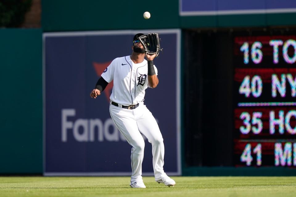 Tigers center fielder Willi Castro catches the fly out hit by the Athletics' Seth Brown during the fourth inning of Game 2 of the doubleheader on Tuesday, May, 10, 2022, at Comerica Park.