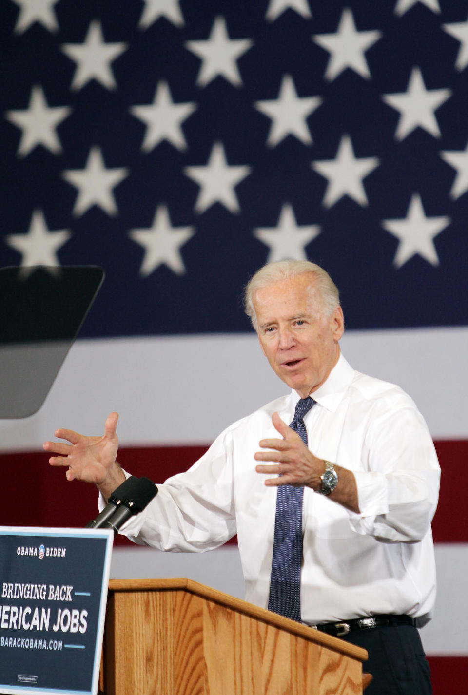 Vice President Joe Biden speaks to supporters during a campaign speech at PCT Engineered Systems in Davenport, Iowa on Wednesday March 28, 2012. (AP Photo/The Quad City Times, Kevin E. Schmidt)