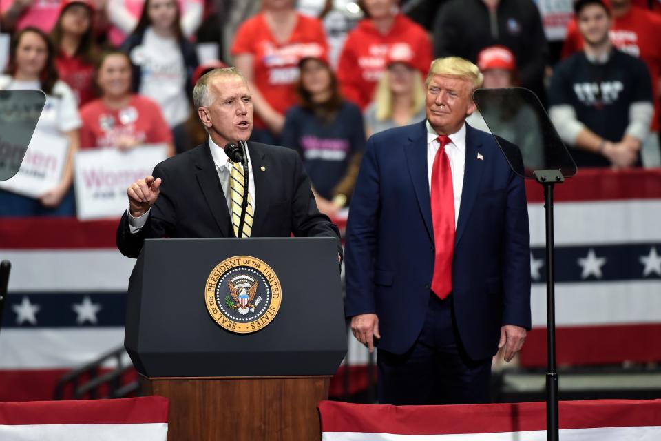 FILE - In this March 2, 2020, file photo Sen. Thom Tillis, R-N.C., speaks during a campaign rally for President Donald Trump in Charlotte, N.C. Tillis, facing a competitive North Carolina reelection contest, “is looking forward to campaigning" with Trump, Tillis' spokesperson said. (AP Photo/Mike McCarn, File)