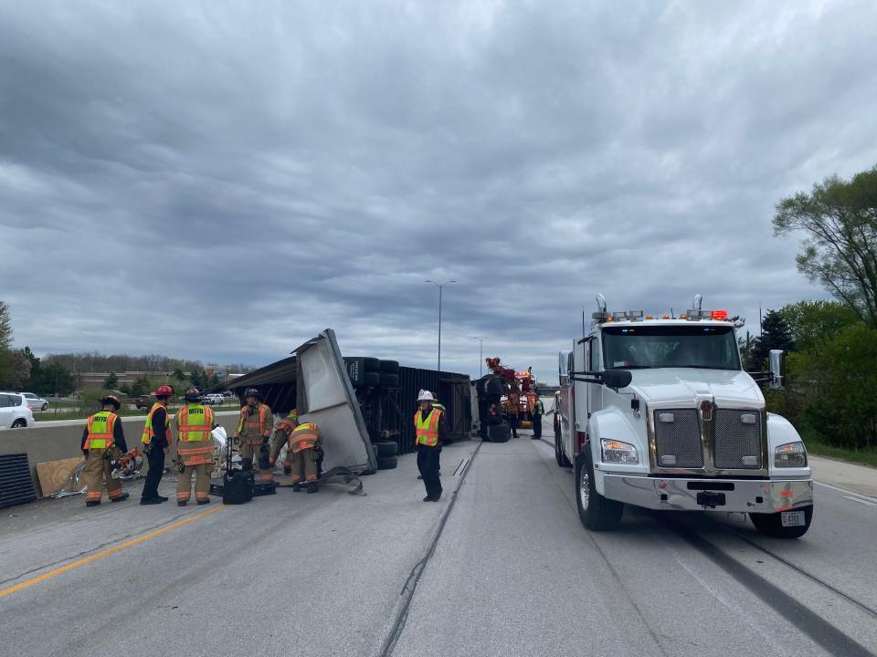 A semitruck driver transporting beer overturned after colliding with another vehicle on northbound Interstate 41 in Menomonee Falls Thursday morning, May 2.