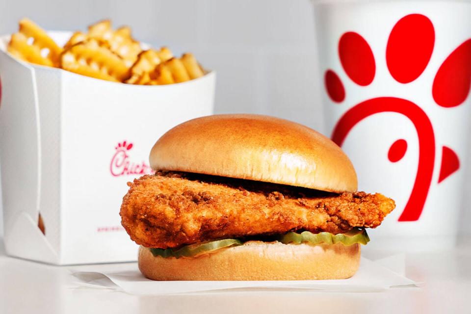 A chicken sandwich and waffle fries from Chick-fil-A.