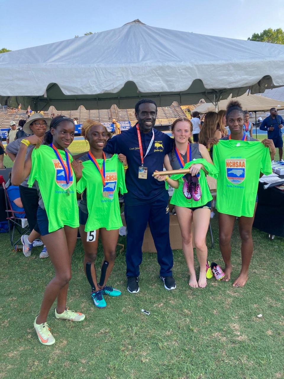 The E.E. Smith girls won a state title in the 4x400 relay at the NCHSAA 3A state championship track meet.