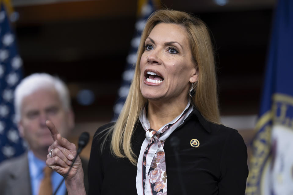 Rep. Beth Van Duyne, R-Texas, discusses President Joe Biden's policies at the Mexican border during a House GOP news conference at the Capitol in Washington, Thursday, Feb. 29, 2024. Biden is visiting the border today. (AP Photo/J. Scott Applewhite)