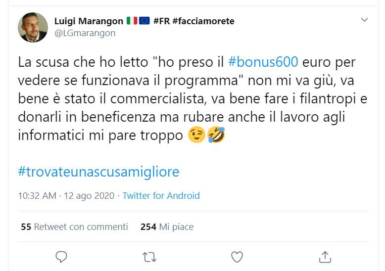 Usciti allo scoperto, i consiglieri hanno svelato i motivi per i quali avrebbero richiesto l'aiuto economico. Gli utenti hanno colto la palla al balzo e con l'hastag ##trovateunascusamigliore hanno invitato i "furbetti del bonus" a trovare una migliore giustificazione al loro comportamento contrario a ogni etica.