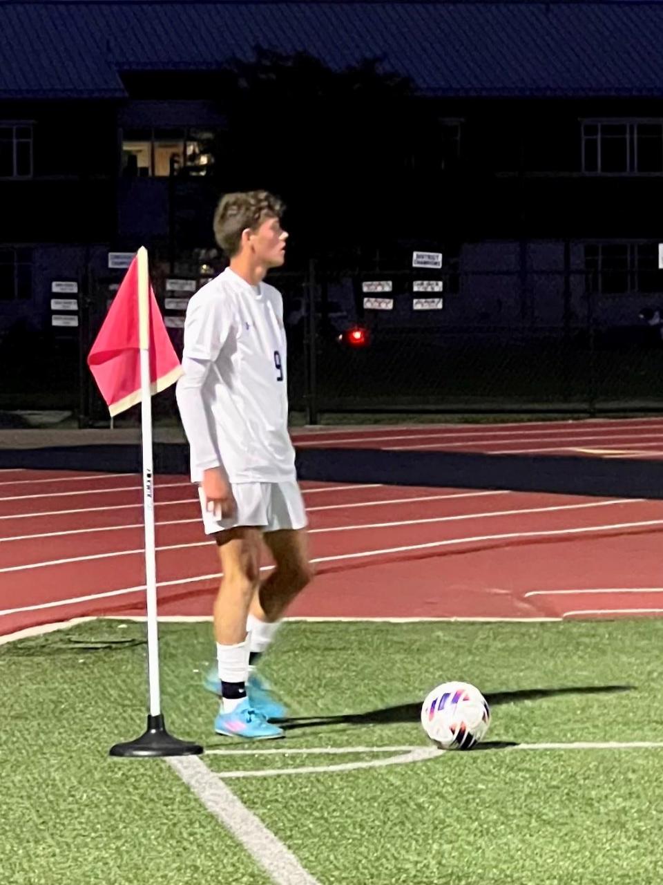 River Valley's Gabe Douce gets set to take a corner kick during a boys soccer match Monday night at Highland.