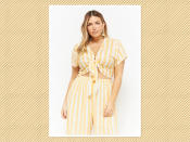 <p>Plus Size Striped <a rel="nofollow noopener" href="https://www.forever21.com/us/shop/Catalog/Product/plus/plus-size-new-arrivals/2000279635" target="_blank" data-ylk="slk:Tie-Front Top;elm:context_link;itc:0;sec:content-canvas" class="link ">Tie-Front Top</a>, $25, and <a rel="nofollow noopener" href="https://www.forever21.com/us/shop/Catalog/Product/plus/plus-size-new-arrivals-bottoms/2000279621" target="_blank" data-ylk="slk:Palazzo Pants;elm:context_link;itc:0;sec:content-canvas" class="link ">Palazzo Pants</a>, $35, Forever 21 (Photo: Forever 21) </p>