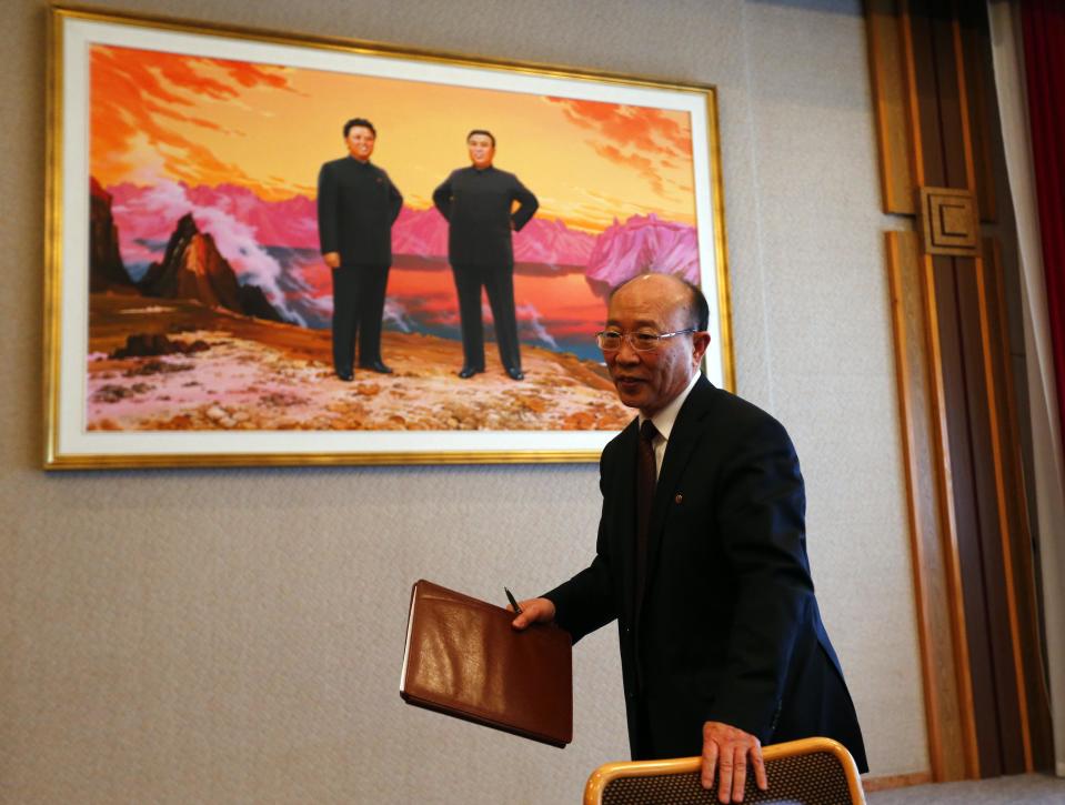 North Korea Ambassador to the United Nations So Se Pyong leaves after his address to a news conference at the Permanent Mission of North Korea in Geneva February 11, 2014. (REUTERS/Denis Balibouse)