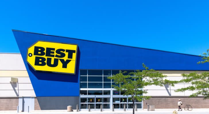 Image of Best Buy (BBY) logo on storefront during daytime. retail stocks