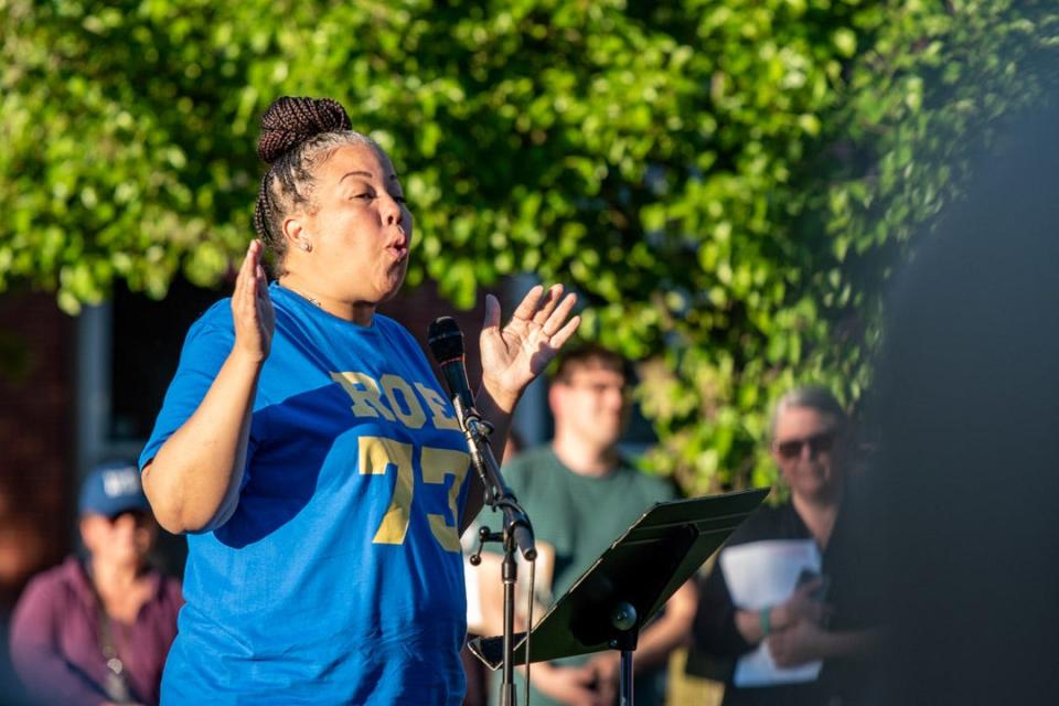 Christa Caceres addresses crowds in Courthouse Square in Stroudsburg on Monday, May 9, 2022. The Monroe County branch of the NAACP organized the event after a leaked draft revealed the U.S. Supreme Court may overturn its landmark 1973 decision in Roe v. Wade.