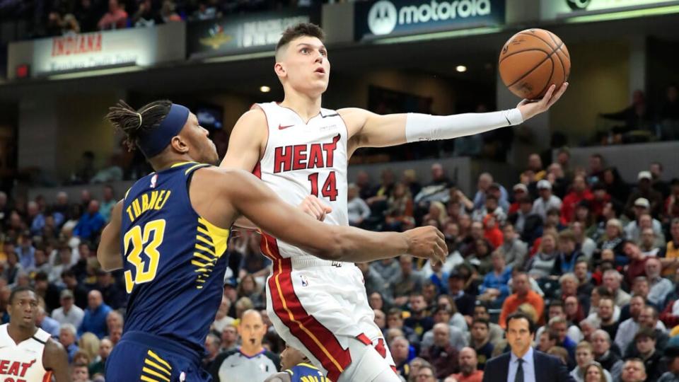 Tyler Herro #14 of the Miami Heat shoots the ball against the Indiana Pacers at Bankers Life Fieldhouse on January 08, 2020 in Indianapolis, Indiana. (Photo by Andy Lyons/Getty Images)