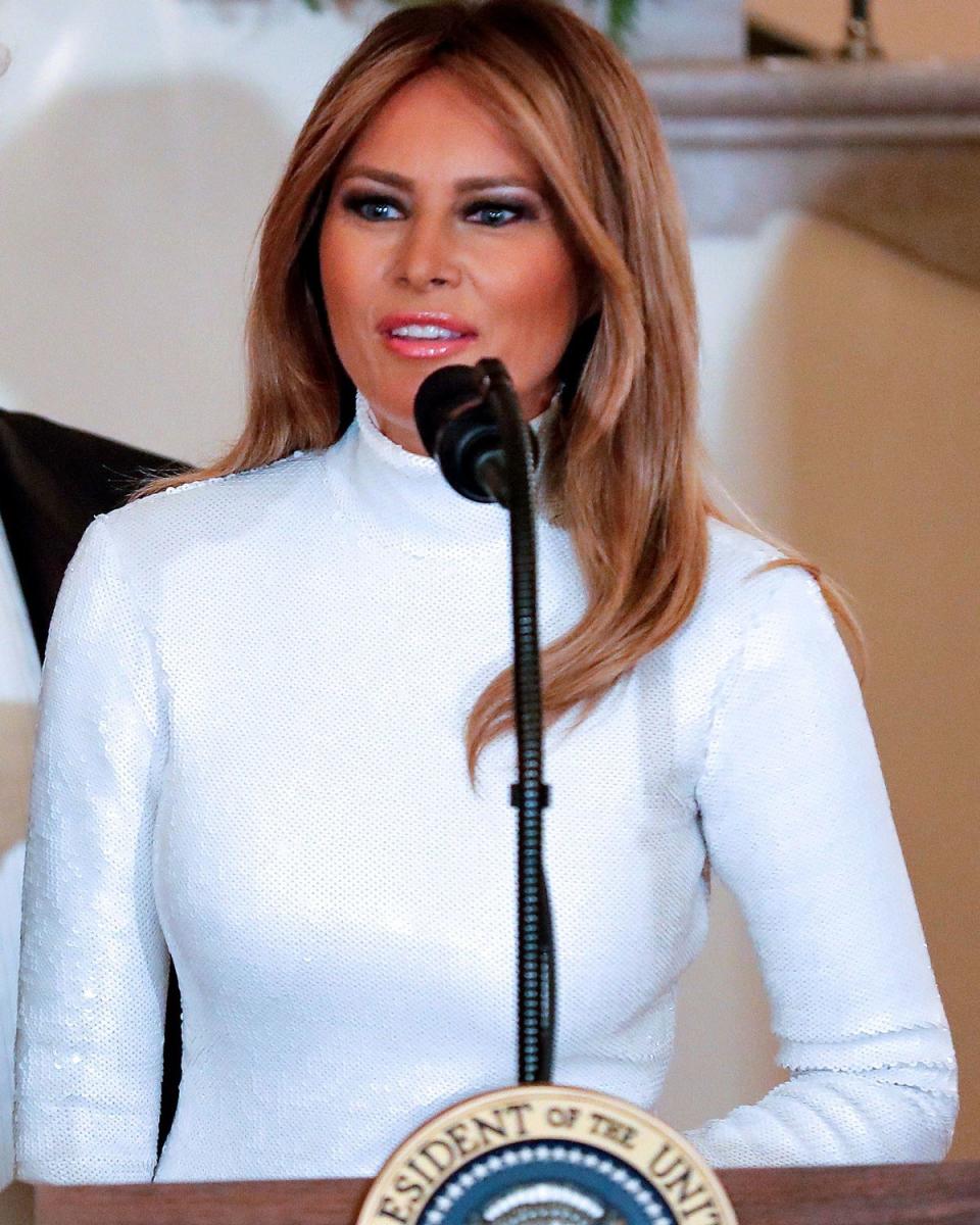 Melania Trump appeared at the annual Congressional Ball wearing a white sequined gown by Céline. The gown had first appeared on the brand's spring 2018 runway.