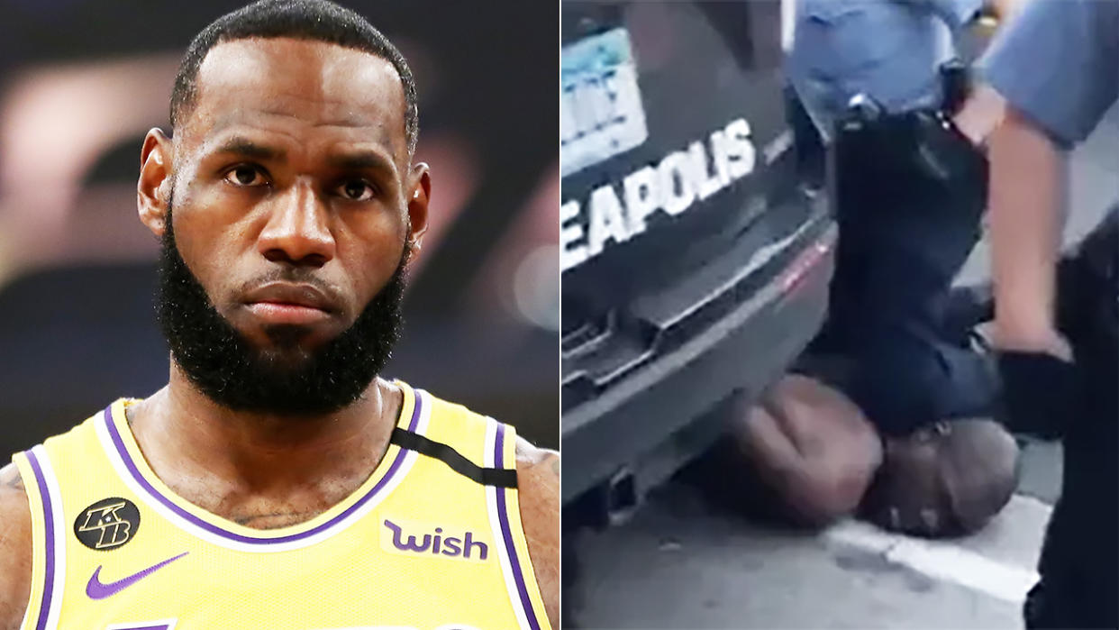 LeBron James is pictured in a 50/50 split image alongside a screenshot of George Floyd's arrest.