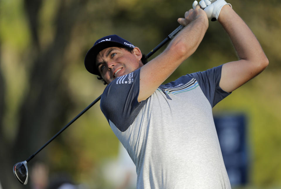 Keegan Bradley tees off on the ninth hole during the first round of The Players Championship golf tournament Thursday, March 14, 2019, in Ponte Vedra Beach, Fla. (AP Photo/Gerald Herbert)