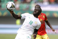 Senegal's captain Sadio Mane, controls the ball during the African Cup of Nations 2022 group B soccer match between Senegal and Guinea at the Omnisport Stadium in Bafoussam, Cameroon, Friday, Jan. 14, 2022. (AP Photo/Sunday Alamba)