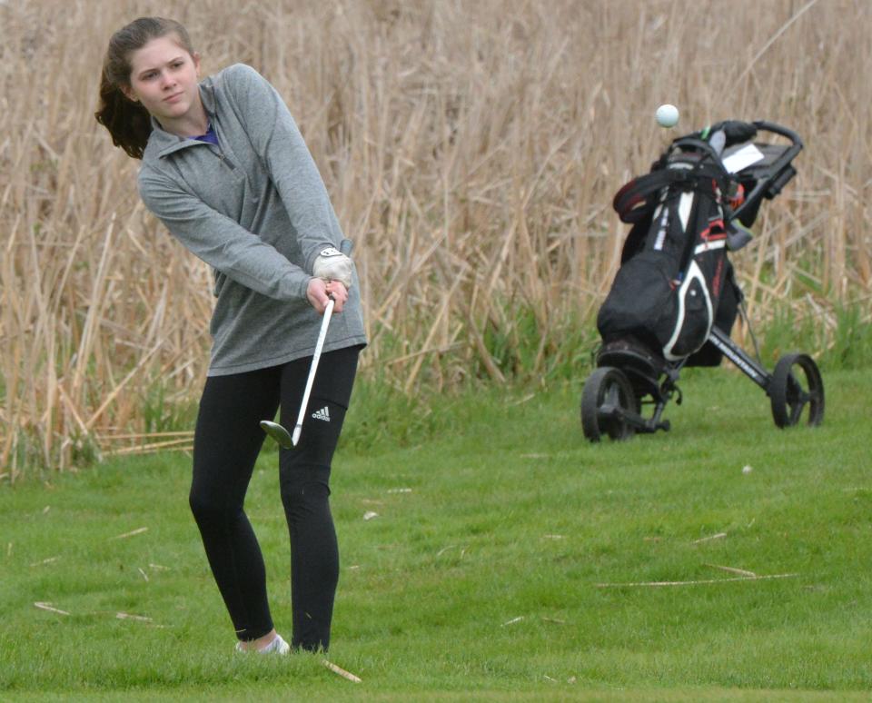 Watertown's Natalie Pearson hits to No. 5 Red during the 2022 Watertown Girls Golf Invitational at Cattail Crossing Golf Course.