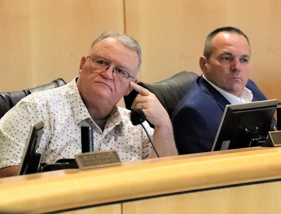 Shasta County Supervisors Les Baugh, left, and Patrick Jones attend the first board meeting since the successful recall of board Chairman Leonard Moty in the Feb. 1 election.