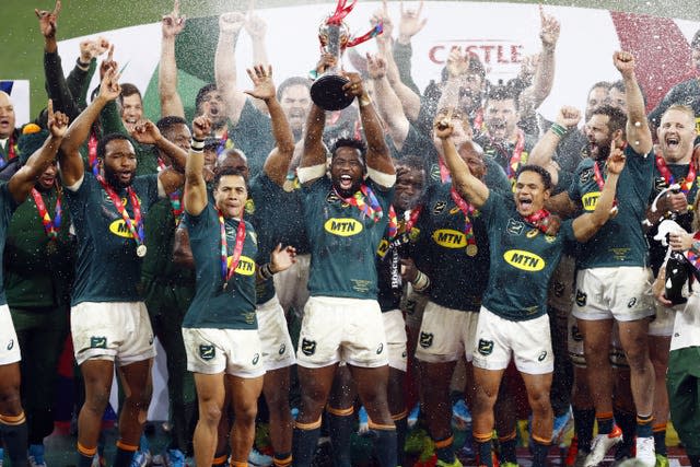 South Africa captain Siya Kolisi leads the celebrations following his side&#x002019;s series win over the British and Irish Lions. South Africa won the deciding Test 19-16 in Johannesburg to take the series 2-1