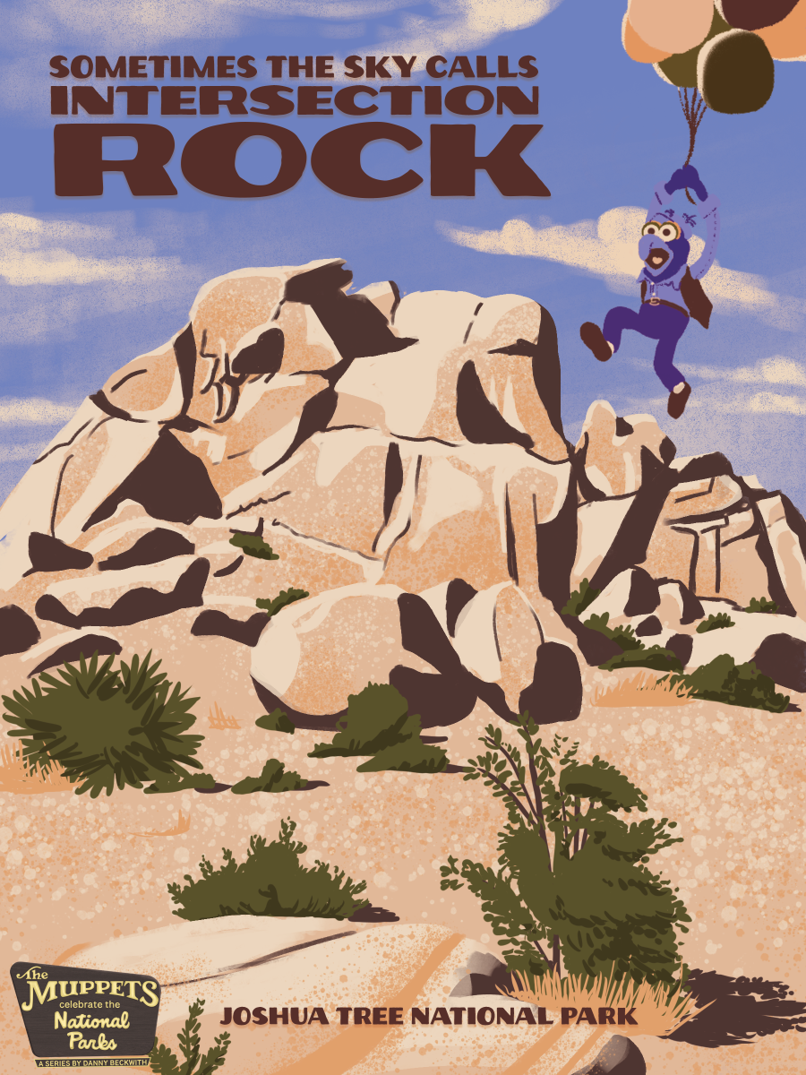 A national park poster with Gonzo flying over a rock pile with balloons